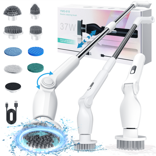 HOOFUN Electric Spin Scrubber, Cordless Bath Power Scrubber with Long Handle & 8 Replaceable Heads, Adjustable Extension Handle, Detachable as Short Handle, 2 Speeds & Remote Control
