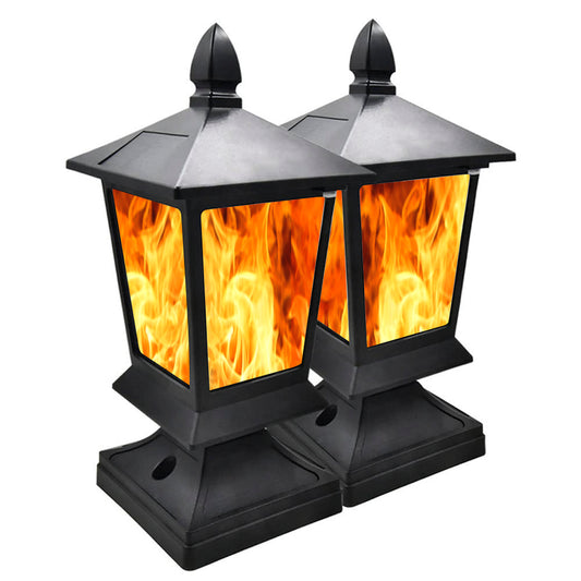PUCACHI Solar Post Flame Lights, Outdoor Deck Fence Post Top LED Lights with Flickering Flame, Waterproof for Garden, Deck, Aisle, Porch Decoration (2 Pack)
