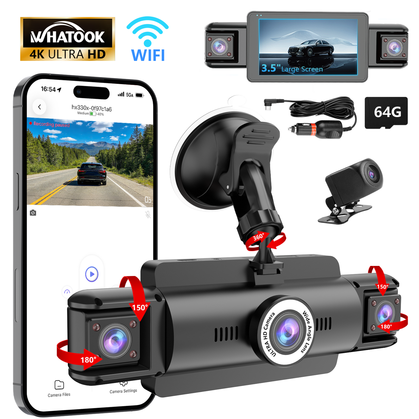 Henotian 4 Channel Dash Cam,4K 360 Full View Front Rear Left Right Car Camera, 2.4GHz WiFi App, Night Vision, G-Sensor, Loop Recording, 64GB Card