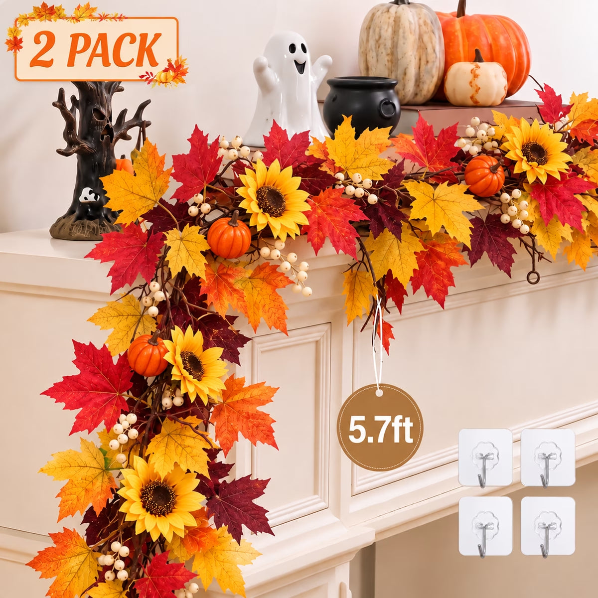 2 Pack Fall Garland Maple Leaf, 5.7FT Artificial Autumn Vine with 3 Maple Leaf Styles, Sunflower, Pumpkin & White Berries, Thanksgiving Decor for Fireplace Mantel Indoor Outdoor
