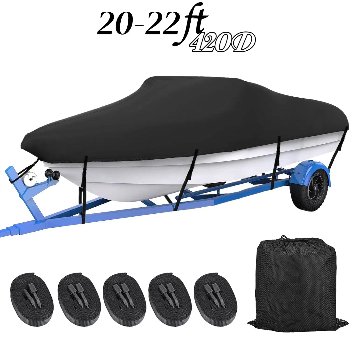 Teblint Waterproof Boat Cover, 20-22ft Trailerable Boat Cover, 420D Heavy Duty Oxford Mooring Cover for V-Hull Boat Runabouts with 5 Straps, Storage Bag (Black)