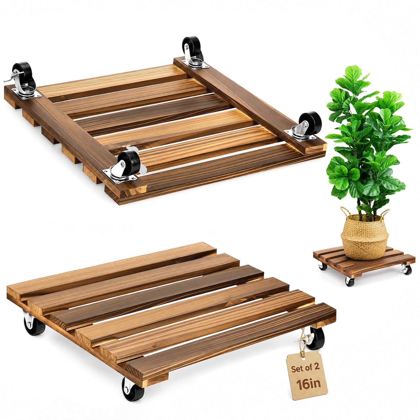 2-Pack Plant Caddy 16 Inch Square Rolling Plant Stand Wood Plant Dolly with Wheels, 220 lb Capacity, Indoor Outdoor for Large Potted Plants Heavy Duty Plant Roller