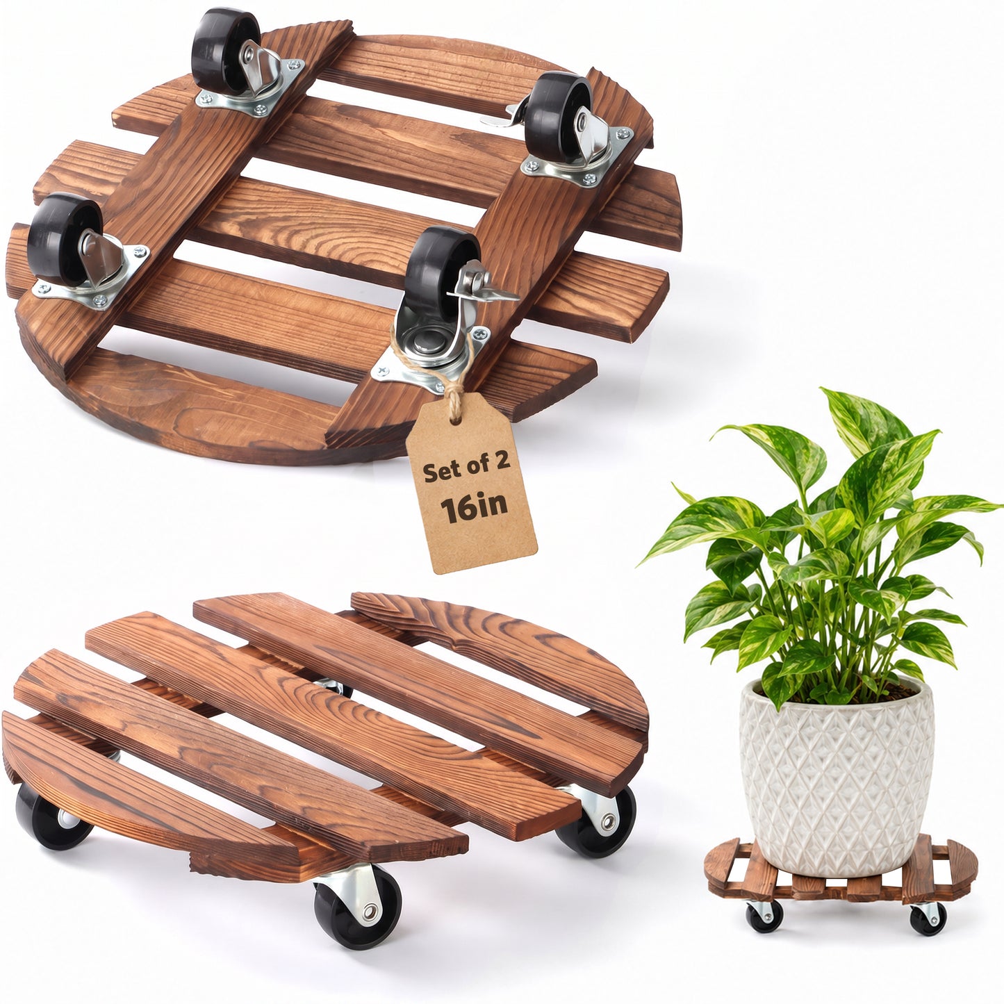 2-Pack Plant Caddy 16" Rolling Plant Stand, Solid Wood Plant Dolly with 360° Lockable Wheels, 220lb Capacity, Indoor Outdoor for Large Potted Plants Heavy Duty Plant Roller