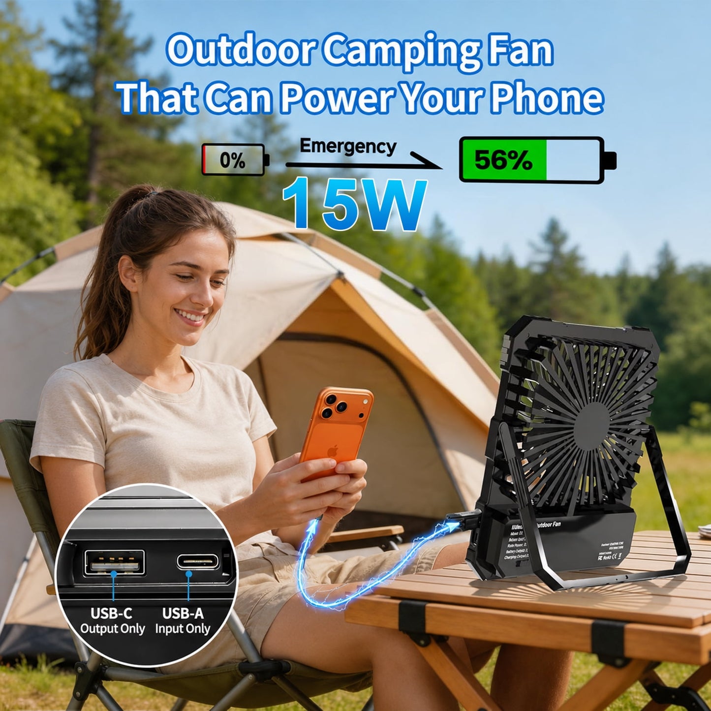 Portable Fan, Camping Fan, 20000mAh 18-85H Rechargeable Ultra Thin Foldable with Built-in Power Bank, Hook for Outdoor Camping Tent RV Travel (Black)