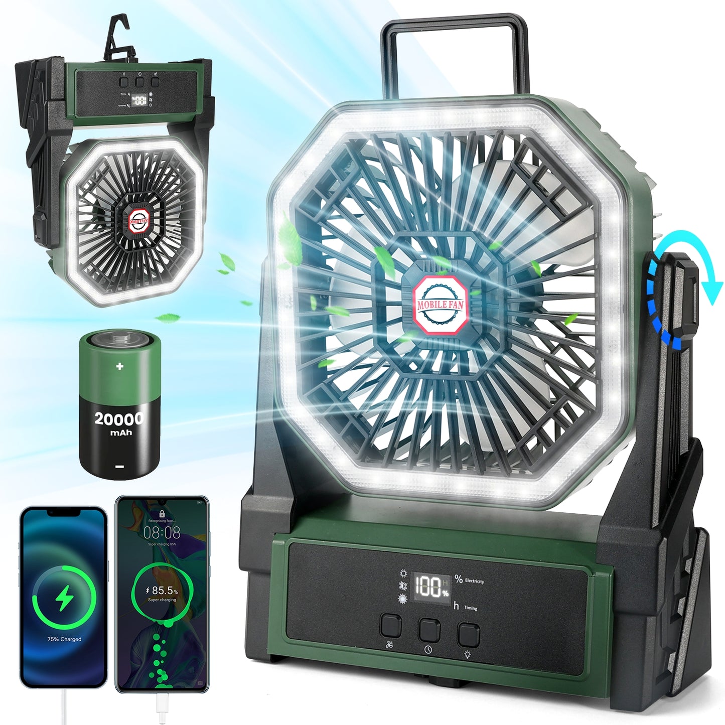 Henotian Camping Fan,Portable Fan for Travel, 20000mAh Rechargeable Desk fan, Battery Operated Fan with Hanging Hook for Tent,Office,Travel,Fishing,Picnic