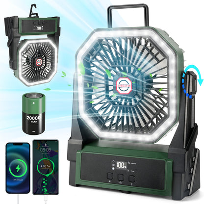 Henotian Camping Fan,Portable Fan for Travel, 20000mAh Rechargeable Desk fan, Battery Operated Fan with Hanging Hook for Tent,Office,Travel,Fishing,Picnic