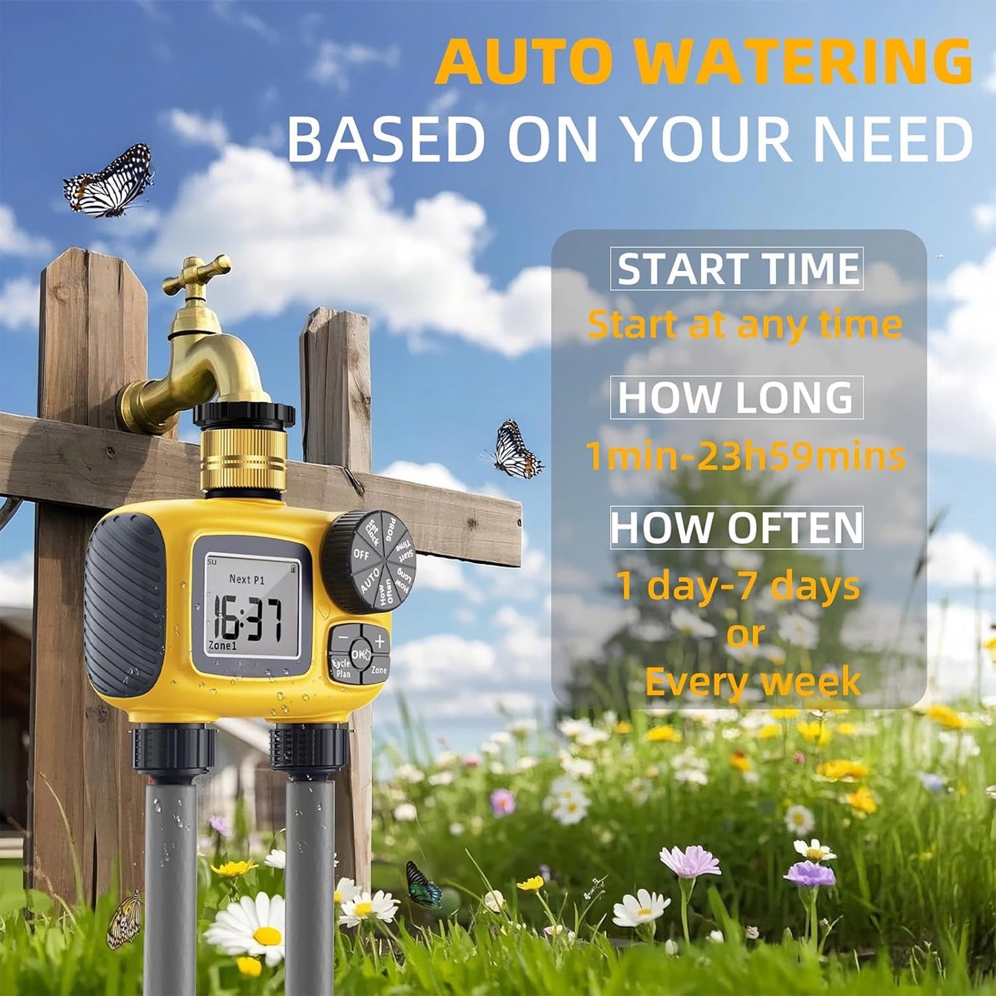 Water Timer for Garden Hose with Brass Swivel - 2 Zone Sprinkler Timer with Rain Delay/Manual Watering/Automatic Irrigation for Yard Lawn