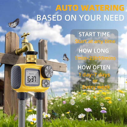 Water Timer for Garden Hose with Brass Swivel - 2 Zone Sprinkler Timer with Rain Delay/Manual Watering/Automatic Irrigation for Yard Lawn
