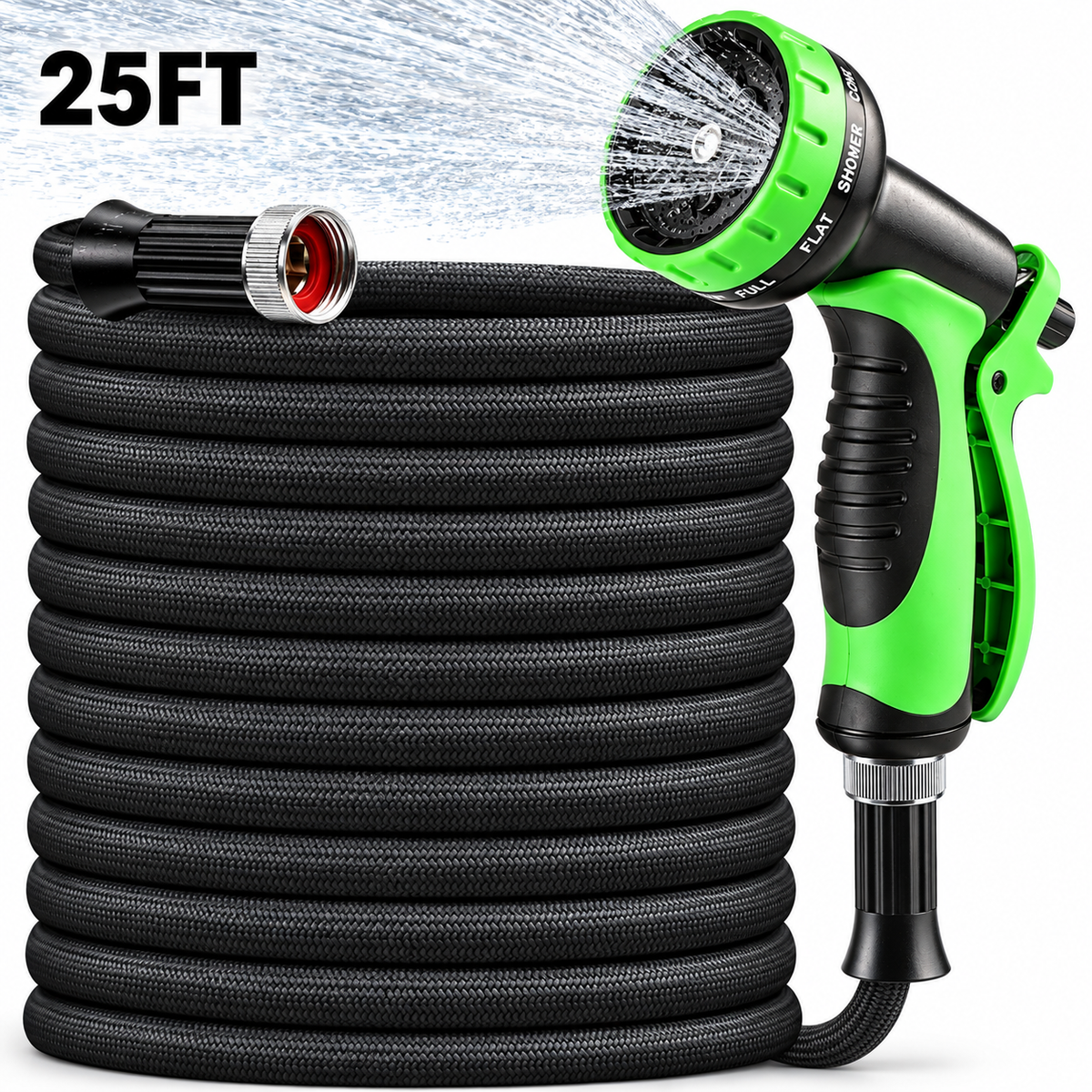 Hoofun Garden Hose 25ft Non-Expandable Lightweight Flexible Water Hose, Kink-Free Leak-Proof with 10-Function Spray Nozzle for Yard Lawn Car Wash
