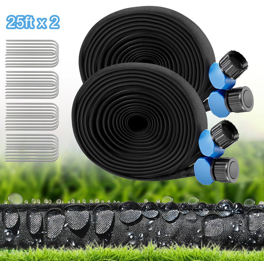 Henotian Flat Soaker Hose 50 ft with Stakes for Garden, 25ft x 2 Linkable Drip Saving 80% Water, Dual-Layer Leak-Free Design Water Hose with Holes