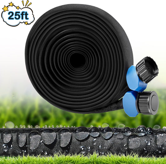 Hoofun Flat Soaker Hose 25ft,Heavy Duty Kink-Free Double Layer, Linkable Drip Irrigation System for Garden Beds,Vegetable Gardens ,Saves 80% Water, Leakproof Design, Easy Installation Black