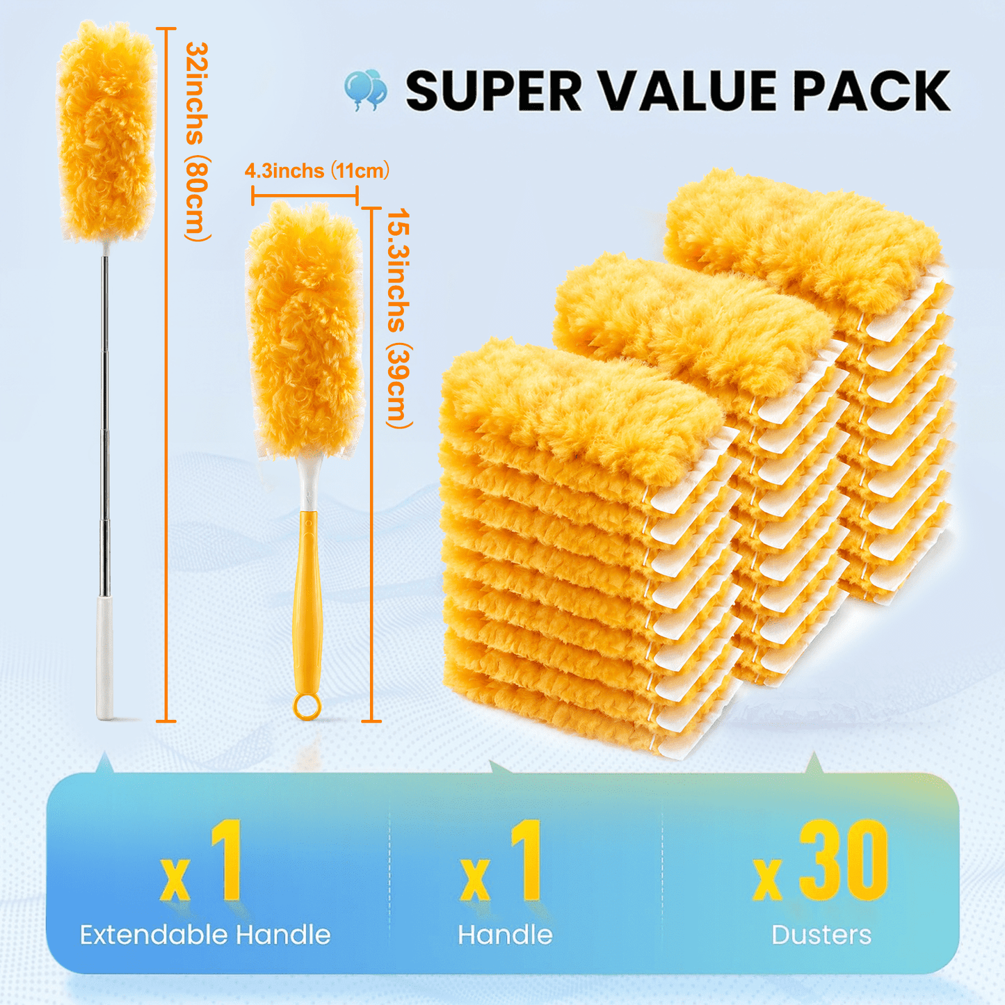 30 Pack Duster Refills with Handle, Disposable Microfiber Duster Refills, Heavy Duty Electrostatic Dust Cleaner for Furniture, Blinds, Ceiling Fan and Corners