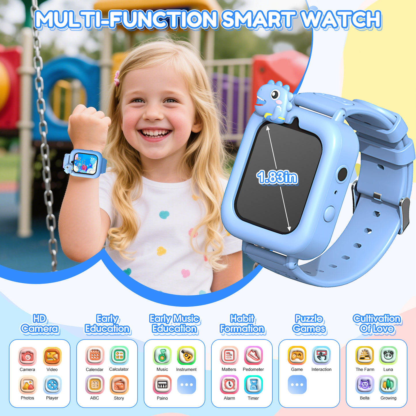 Henotian 1.83" Kids Smart Watch for Girls HD Touch Screen with 39 Educational Games, Camera, Pedometer, Alarm Clock, ABC LeaLearning, Music Player, Birthday Gift for Boys Girls Ages 5-12 with 32GB Memory Card