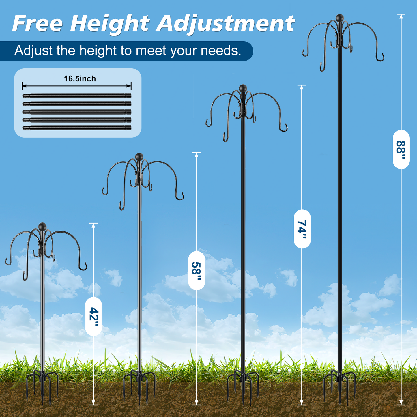 Teblint 88" Heavy Duty Shepherds Hooks for Outdoor, 4-Hook Adjustable Bird Feeder Pole with Reinforced 5-Prong Base, Garden Hanger Stand for Bird Feeders, Hanging Plants, Solar Lights & Lanterns