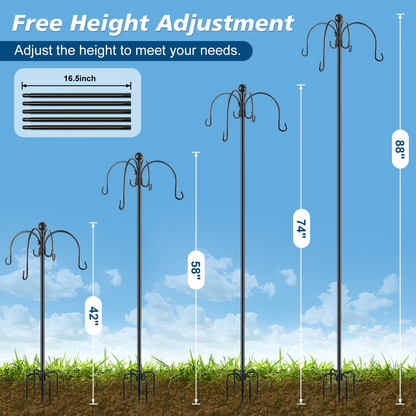 Teblint 88" Heavy Duty Shepherds Hooks for Outdoor, 4-Hook Adjustable Bird Feeder Pole with Reinforced 5-Prong Base, Garden Hanger Stand for Bird Feeders, Hanging Plants, Solar Lights & Lanterns