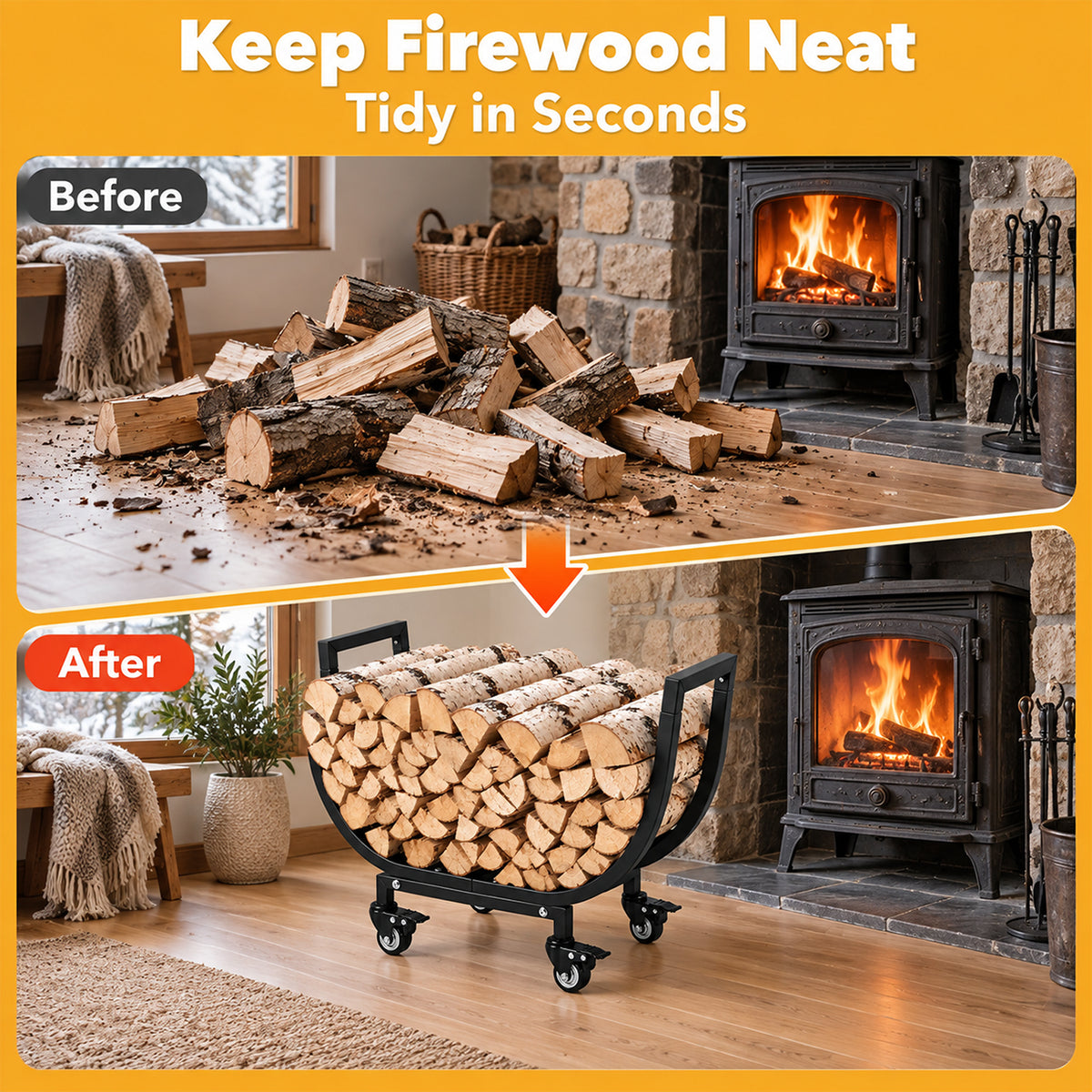 24in Firewood Rack with Wheels, Rustproof Heavy Duty Metal Log Holder, Outdoor Indoor Firewood Storage Organizer for Fireplace Patio Deck Firepit, Black