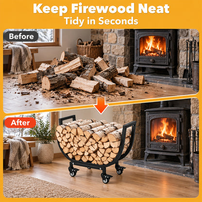 24in Firewood Rack with Wheels, Rustproof Heavy Duty Metal Log Holder, Outdoor Indoor Firewood Storage Organizer for Fireplace Patio Deck Firepit, Black