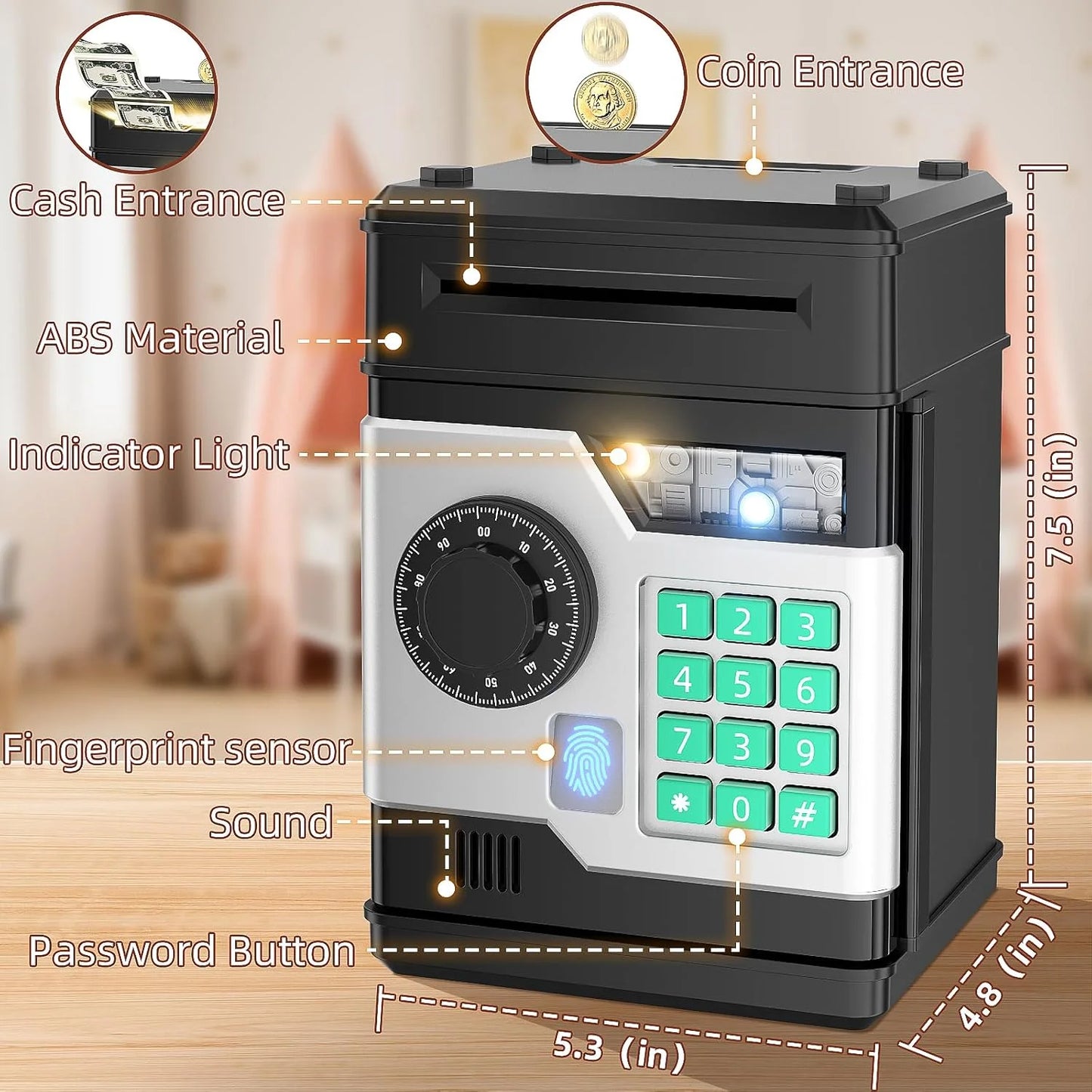 Teblint Piggy Bank for Kids, Electronic Money Bank, ATM Fingerprint Password Money Bank Cash Coins Saving Box with Auto Grab Bill Slot, Perfect Toy Gifts for Boys Girls, Black