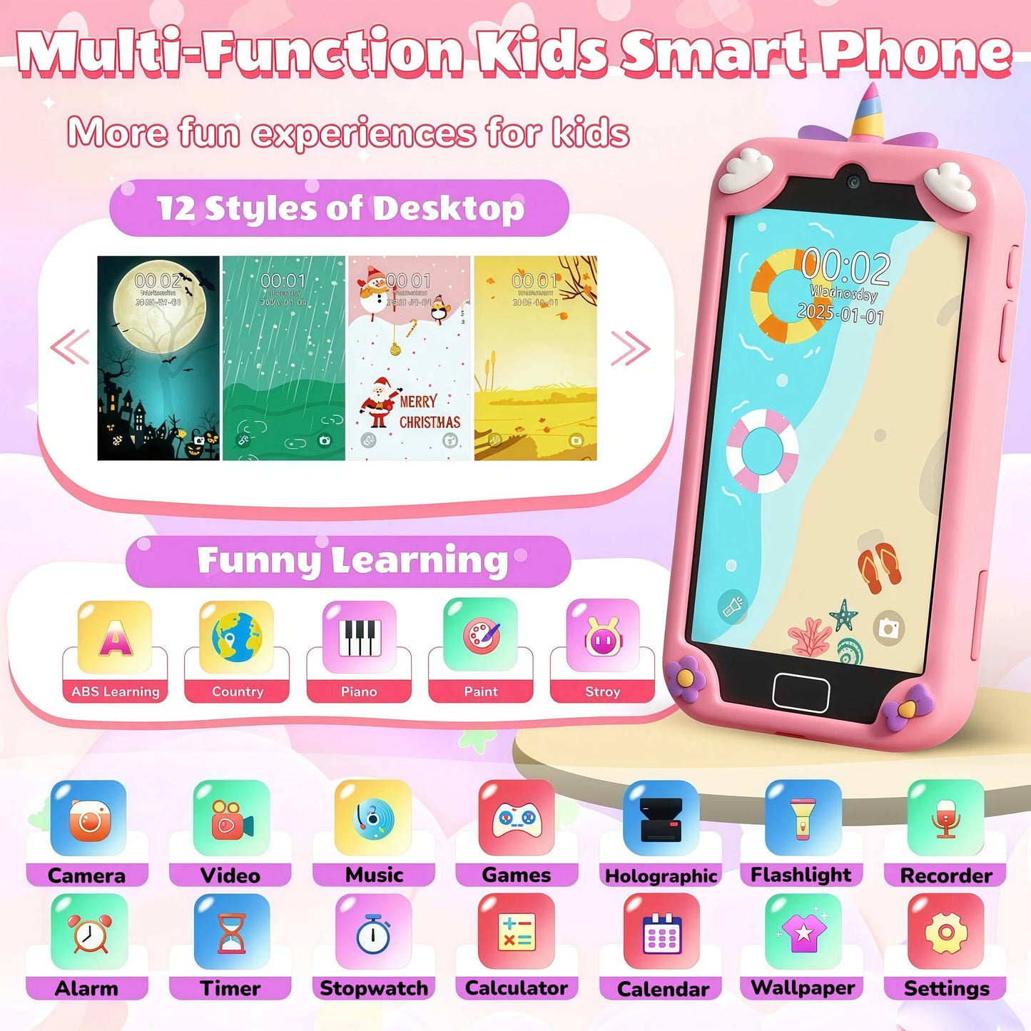 Teblint Kids Smart Phone with Holographic Pyramid, 4" Touchscreen Toddler Learning Play Toy, Kids Cell Phone Toy with 32 GB Card, Christmas Birthday Gift for Ages 3-12, Dual Camera, Music Player