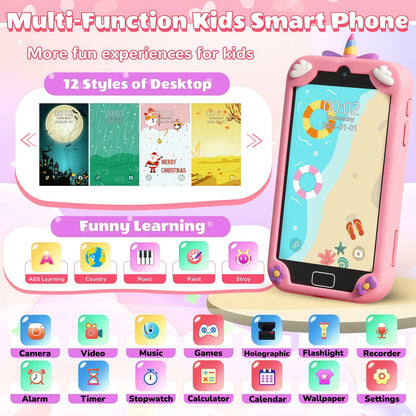 Teblint Kids Smart Phone with Holographic Pyramid, 4" Touchscreen Toddler Learning Play Toy, Kids Cell Phone Toy with 32 GB Card, Christmas Birthday Gift for Ages 3-12, Dual Camera, Music Player