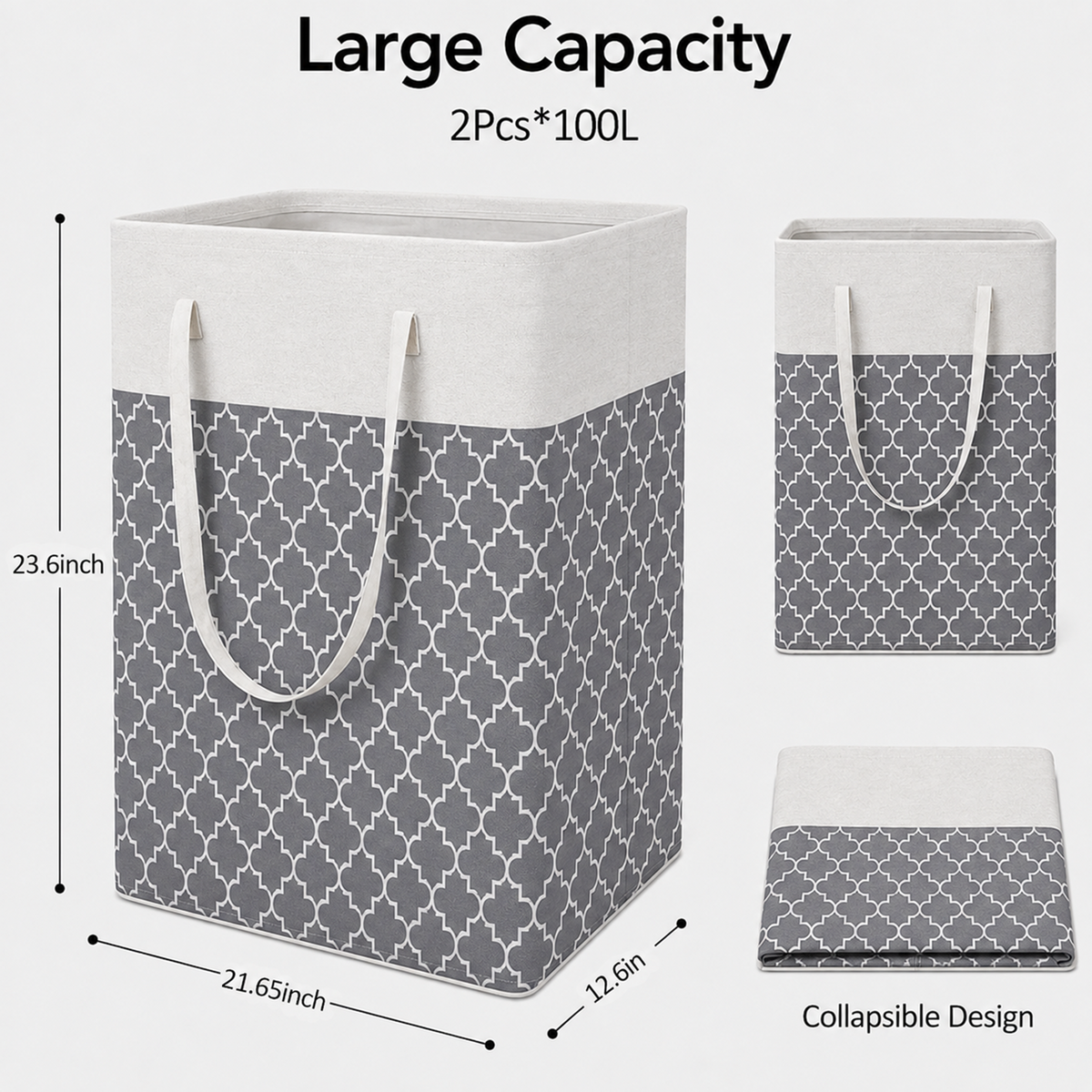 PUCACHI 2 Pack 100L Laundry Hamper Collapsible-Large Laundry Baskets,Freestanding Waterproof Clothes Hamper with Easy Carry Handles in Laundry Room Bedroom Bathroom College Dorm for Adults,Grey