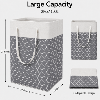 PUCACHI 2 Pack 100L Laundry Hamper Collapsible-Large Laundry Baskets,Freestanding Waterproof Clothes Hamper with Easy Carry Handles in Laundry Room Bedroom Bathroom College Dorm for Adults,Grey