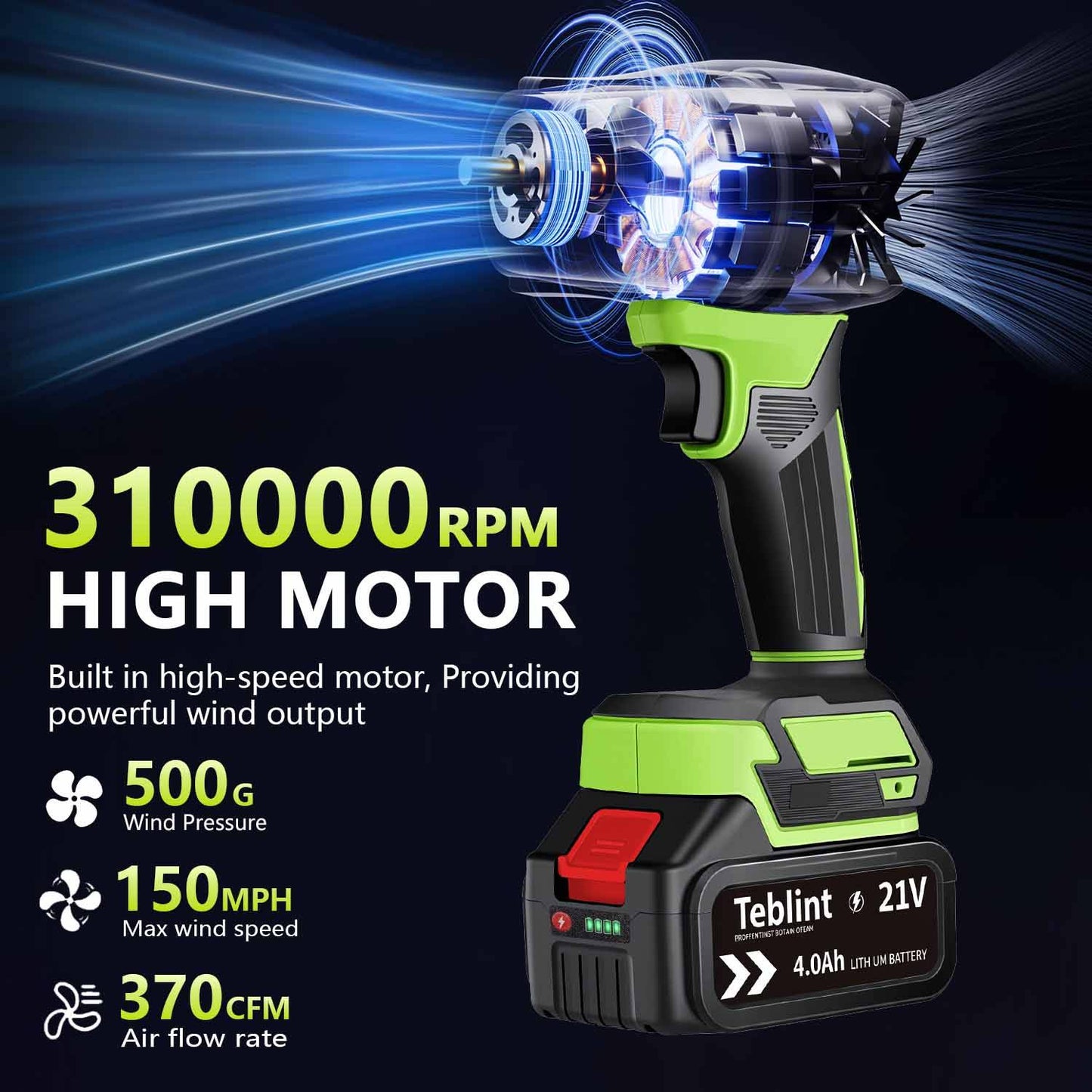 Teblint Cordless Leaf Blower for Lawn Care, 370CFM & 150MPH Handheld Turbo Jet Blower with 2×4.0Ah Batteries & Fast Charger, Adjustable Speed, Green