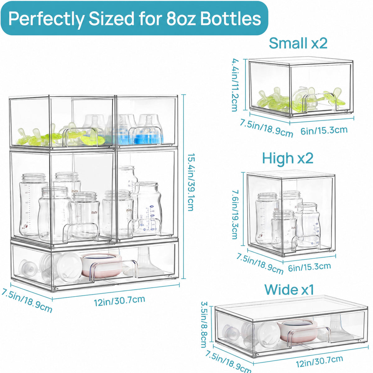 PUCACHI 5Pack Stackable Acrylic Storage Drawers,Acrylic Organizer Bins for Makeup,Cosmetics,Beauty Supplies,Bathroom Organizer Countertop,Bathroom Under Sink Organizers,12x7.5x15.4in