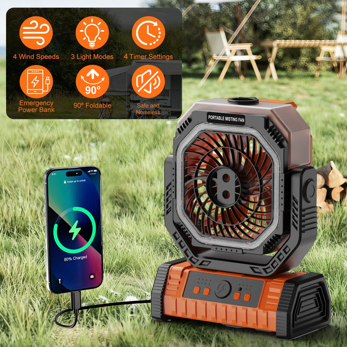 Merryhome 10000mAh Camping Misting Fan,Oscillating Camping Fan with Light,Rechargeable Fan with 9oz Water Tank,4 Speed & 4 Timer Settings Outdoor Fan for Camping（Orange）