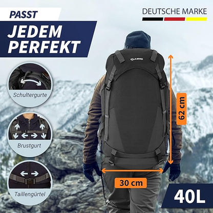 Hiking Backpack 40 L + 5 L with Contact Back, Insulated Front Compartment and Integrated Toiletry Bag, Women's Hiking Backpack + Shoe Compartment, Hiking Backpack for Men, Includes Rain Cover, Black