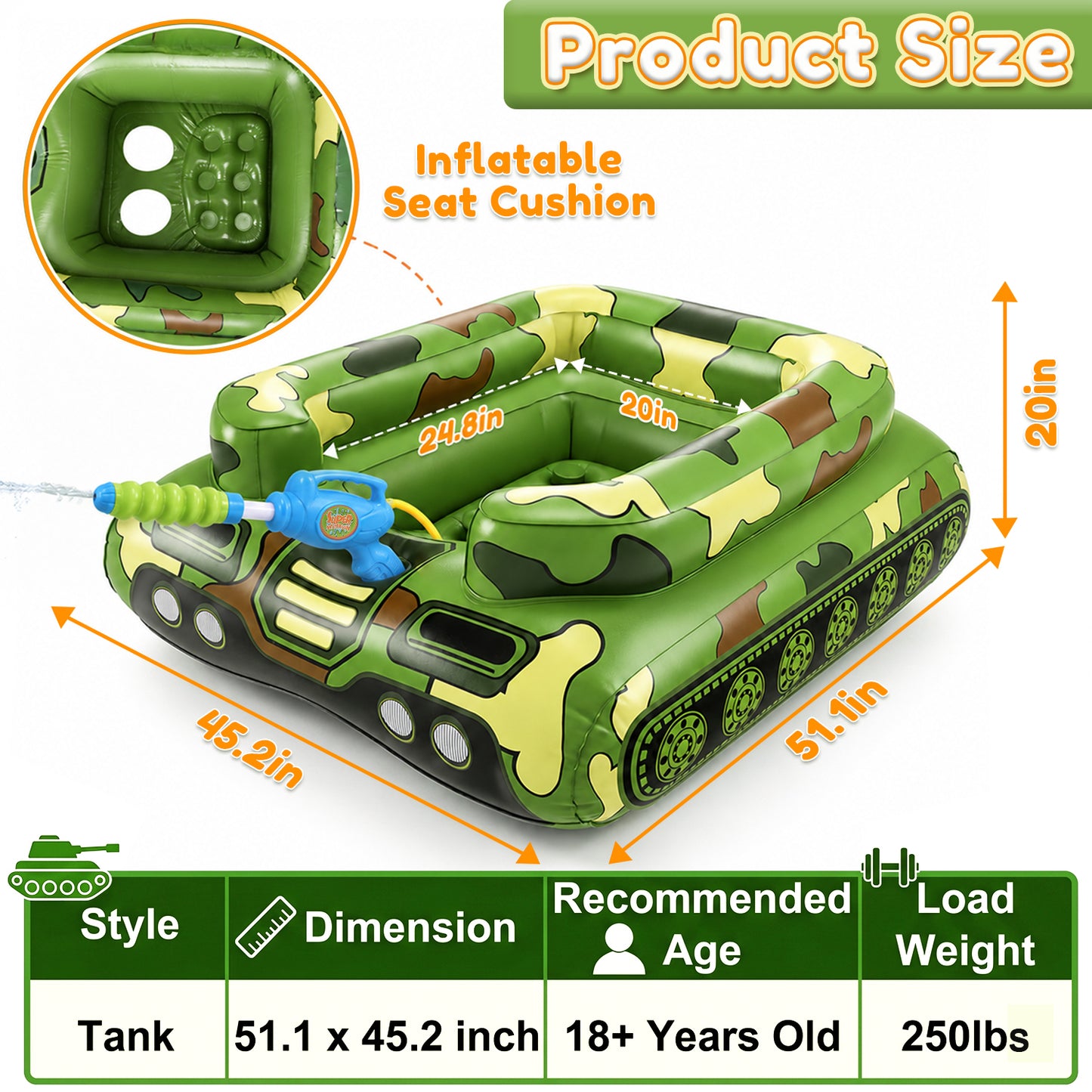 Inflatable Tank Pool Floats Adults - Large Pool Floaties Swimming Pool Tank with Water Cannon Blaster Swim Floaty Rafts Lake Beach Party Water Toys for Adults Green