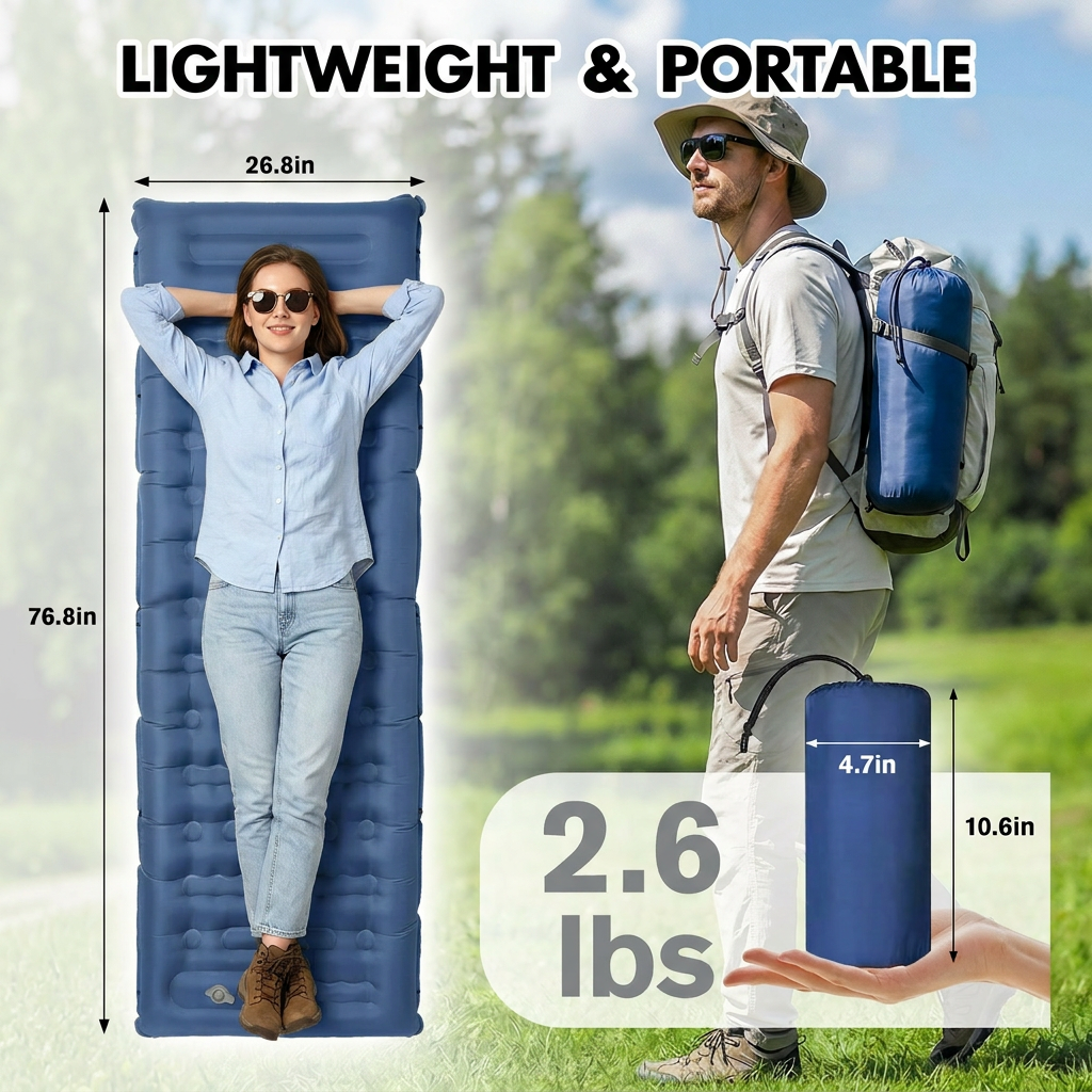 Merryhome Camping Sleeping Pad,Extra-Thick Camping Mat with Pillow,Built-in Foot Pump Inflatable Sleeping Pads Ultralight for Camping Backpacking Hiking Traveling Tent（Single,Blue）