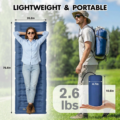 Merryhome Camping Sleeping Pad,Extra-Thick Camping Mat with Pillow,Built-in Foot Pump Inflatable Sleeping Pads Ultralight for Camping Backpacking Hiking Traveling Tent（Single,Blue）