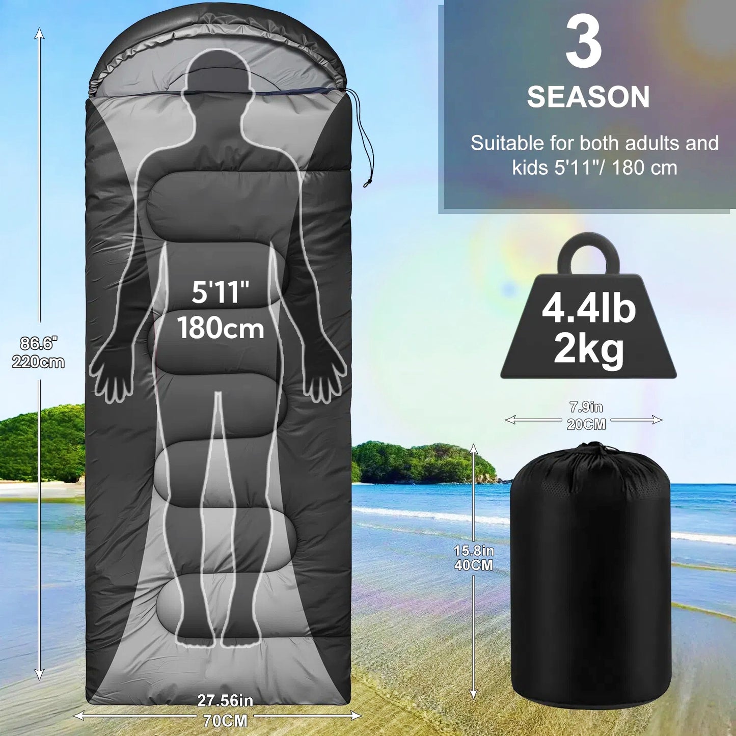 Teblint Camping Sleeping Bag for Adults Kids, 4-Season Cold Weather Sleeping Bag, Waterproof & Compression Sack Included, Camping Essentials Gear Accessories Hiking Sleep Must Haves (Black)