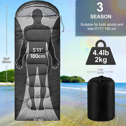 Teblint Camping Sleeping Bag for Adults Kids, 4-Season Cold Weather Sleeping Bag, Waterproof & Compression Sack Included, Camping Essentials Gear Accessories Hiking Sleep Must Haves (Black)