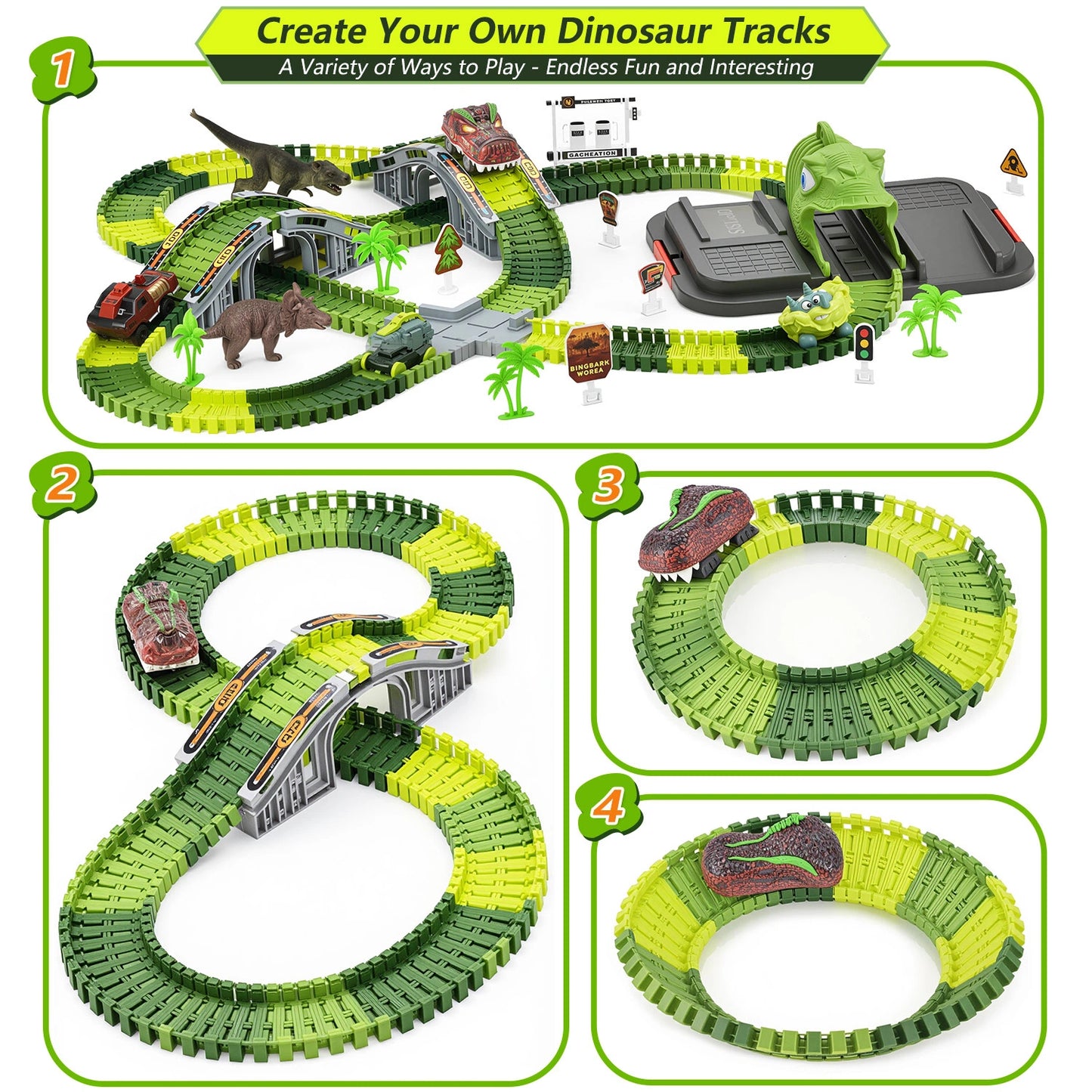 Teblint 247 Pcs Dinosaur Toys Race Car Track Set Toys, Flexible Dinosaur World Road Race Track Playset, 2 Pcs Dinosaur Car & Storage Box, Birthday Party Best Gift for 3-7 Year Old Kids
