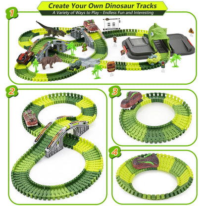 Teblint 247 Pcs Dinosaur Toys Race Car Track Set Toys, Flexible Dinosaur World Road Race Track Playset, 2 Pcs Dinosaur Car & Storage Box, Birthday Party Best Gift for 3-7 Year Old Kids