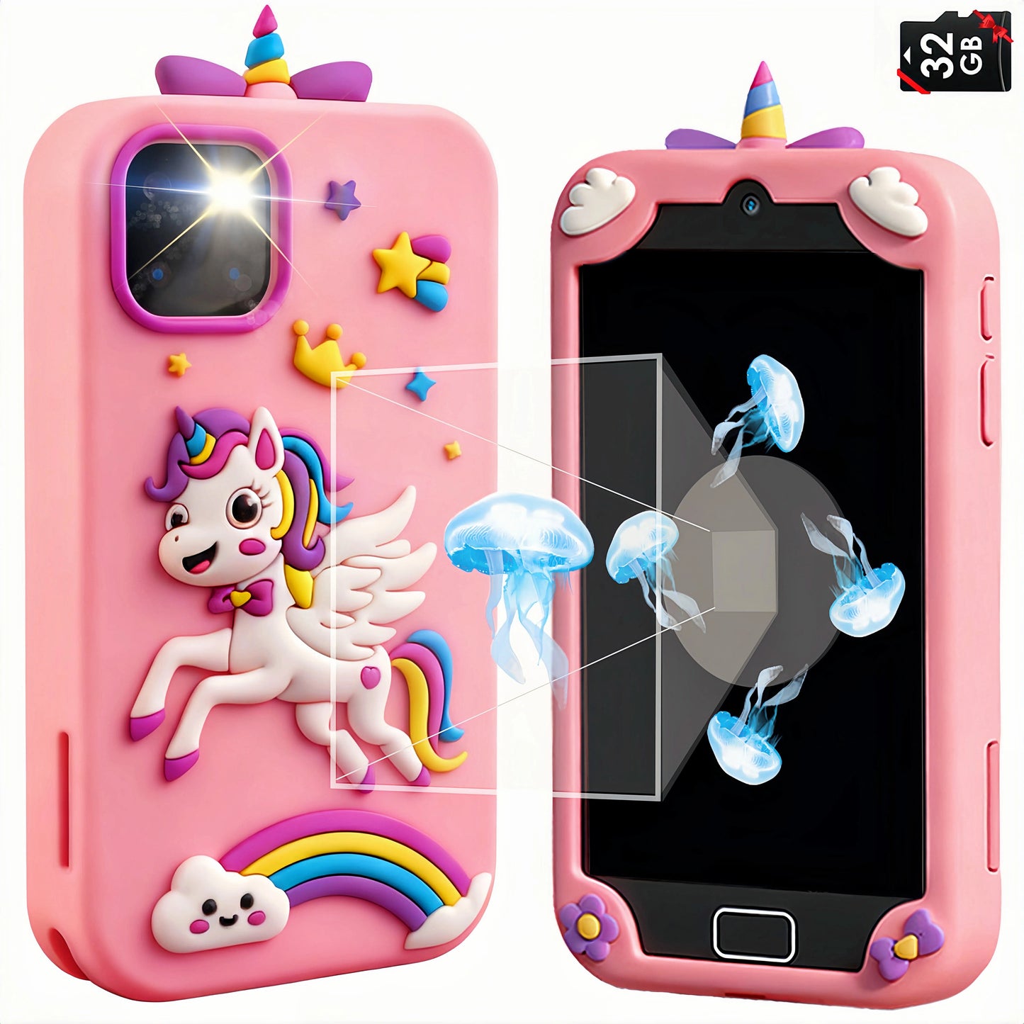 Teblint Kids Smart Phone with Holographic Pyramid, 4" Touchscreen Toddler Learning Play Toy, Kids Cell Phone Toy with 32 GB Card, Christmas Birthday Gift for Ages 3-12, Dual Camera, Music Player