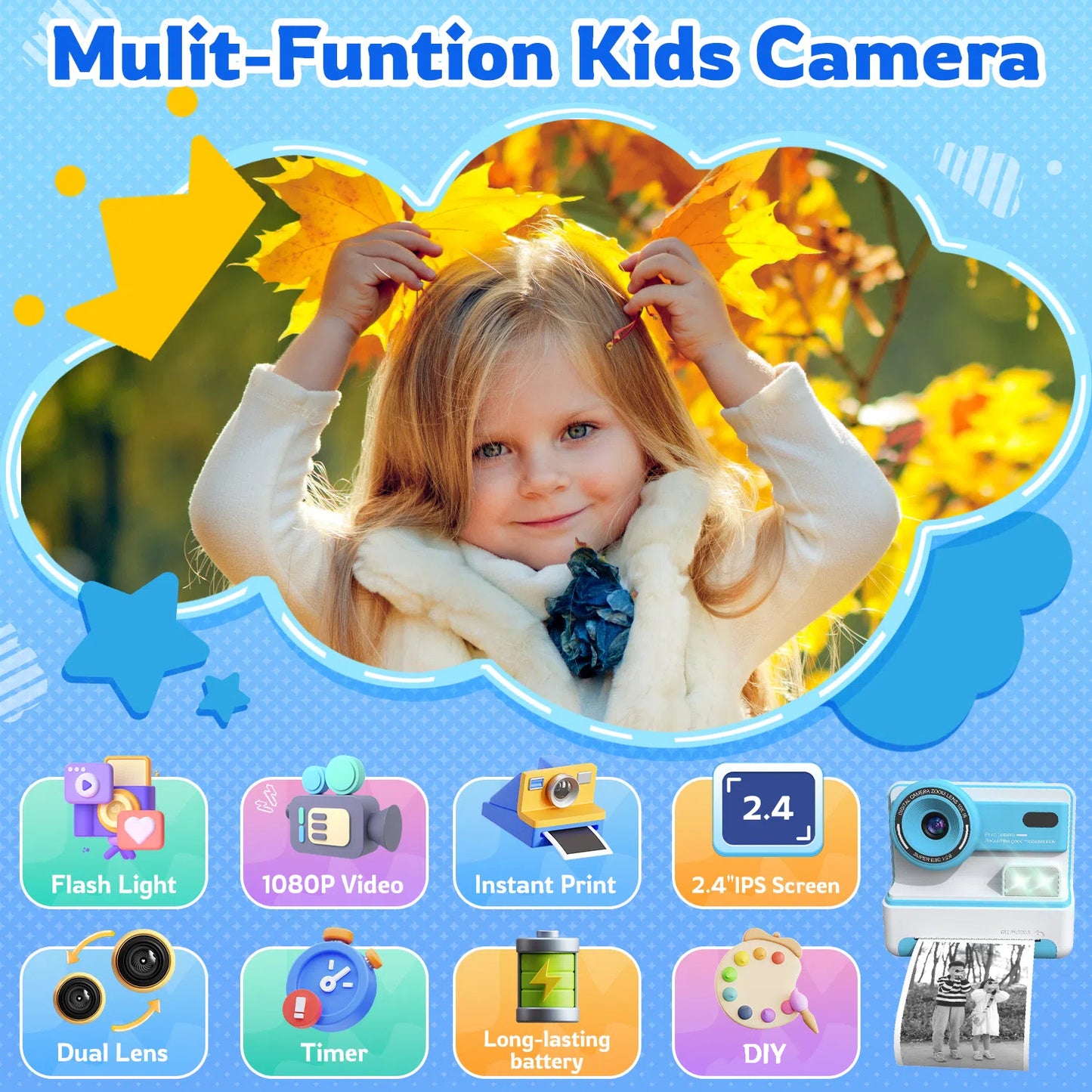 Teblint Kids Camera Instant Print, 2.4 Inch Screen Instant Camera, 1080P HD Digital Video Cameras, Toys for Girls & Boys 3-12 Years, Best Christmas Birthday Gifts (Blue)