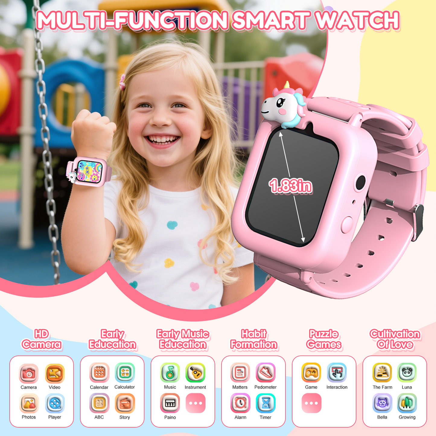 Henotian 1.83" Kids Smart Watch for Girls HD Touch Screen with 39 Educational Games, Camera, Pedometer, Alarm Clock, ABC Learning, Music Player, Birthday Gift for Boys Girls Ages 5-12