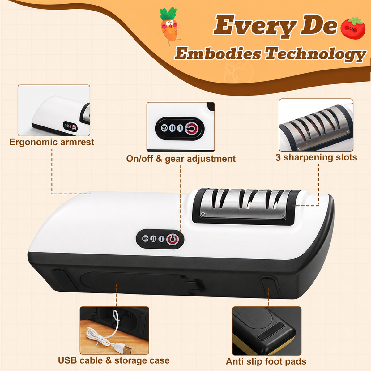 Merryhome 2026 Upgraded Electric Knife Sharpener,3-Stage High-speed Knife Sharpener - USB Charging Automatic Kitchen Gadget for Sharpening Knives,Kitchen Accessories(White)