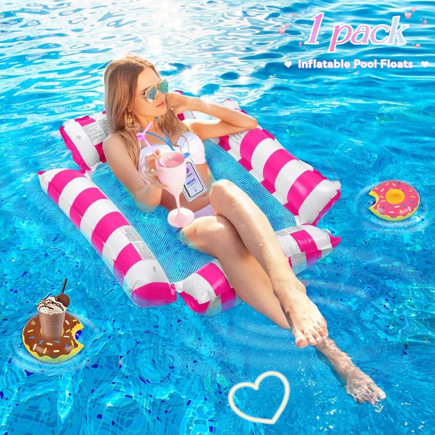 Pool Floats, Upgraded 4-in-1 Inflatable Water Hammock, Pool Toys for Adults, Portable Floating Lounger for Pool, Beach, Capacity 220 lbs, Pink