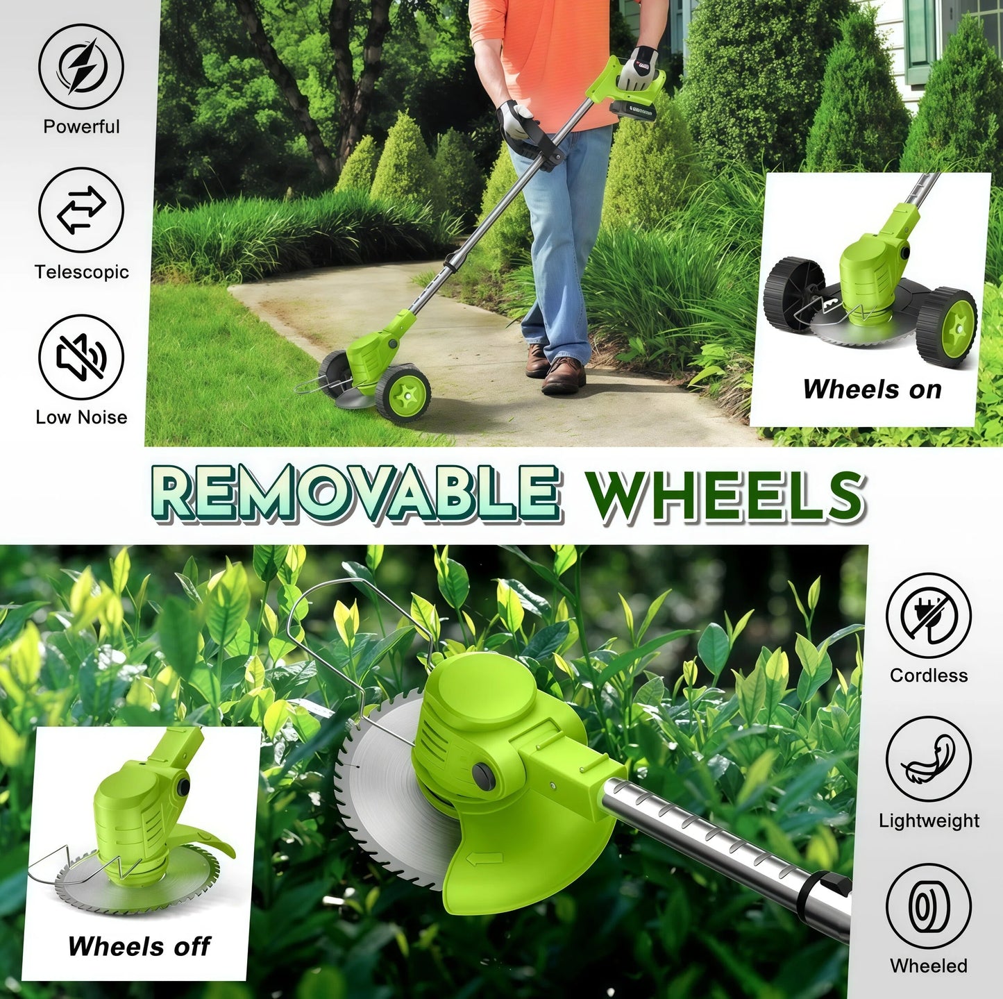 Teblint 800W Electric Weed Wacker, Cordless String Trimmer, Weed Eater Grass Trimmer/Edger/Cutter with Wheels, 2Pcs 21V Batteries, 4 Types of Blades, Adjustable Length for Lawn Yard Garden (Green)