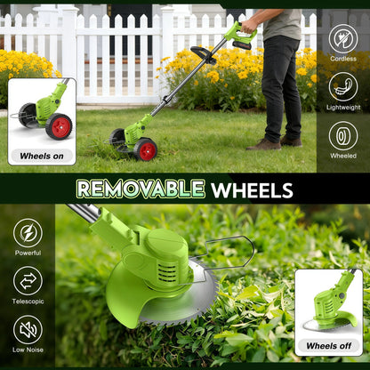 Teblint 650W Electric Weed Wacker, Cordless String Trimmer, Weed Eater Grass Trimmer/Edger/Cutter with Wheels, 2Pcs 21V Batteries, 5 Types of Blades, Adjustable Length for Lawn Yard Garden (Green)