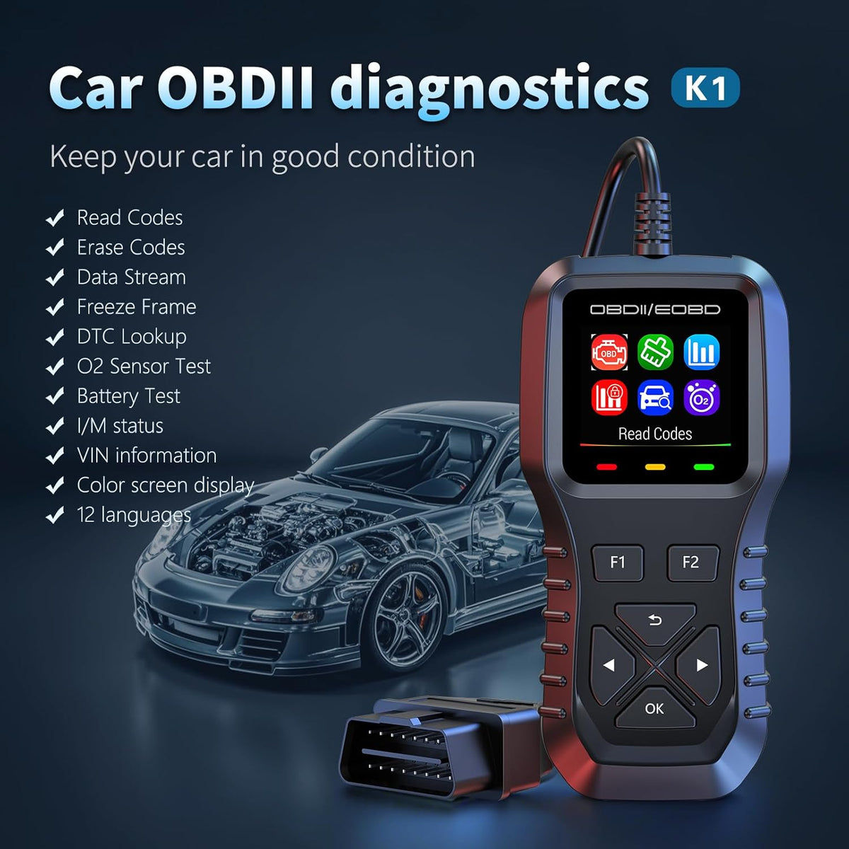 Car OBD2 Scanner,Auto Diagnostic Tool,Car Code Reader for Check Engine Light,Real-Live Data,Freeze Frame with Colorful Screen,Multilingual Plug-and-Play Operationfor All OBDIl & EOBD Vehicles