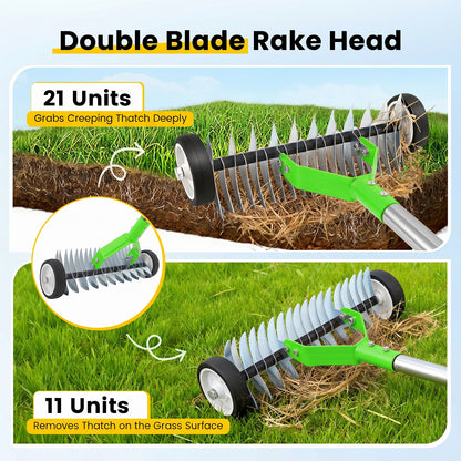 Merryhome Thatch Rake with Wheels,37-65.35'' Adjustable Dethatching Roller Rake,Adjustable 0-12° Angle Stainless Steel Blades Heavy Duty Dethatcher,21 Tines Garden Rake for Moss,Grass,Leaves,Debris(Green)