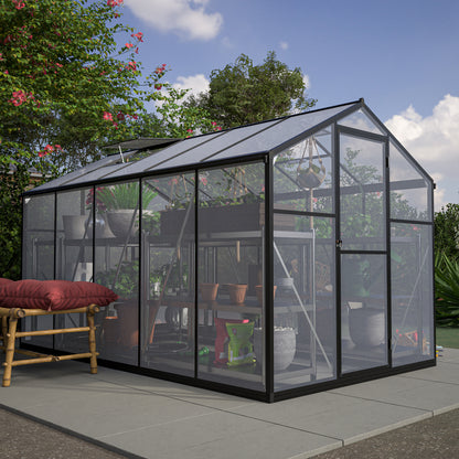 6'x10' Outdoor Greenhouse Walk in Polycarbonate Greenhouse Aluminum Plant Patio Grow House Garden Shed Kit with Lockable Hinged Door and 2 Adjustable Vent Window, Black