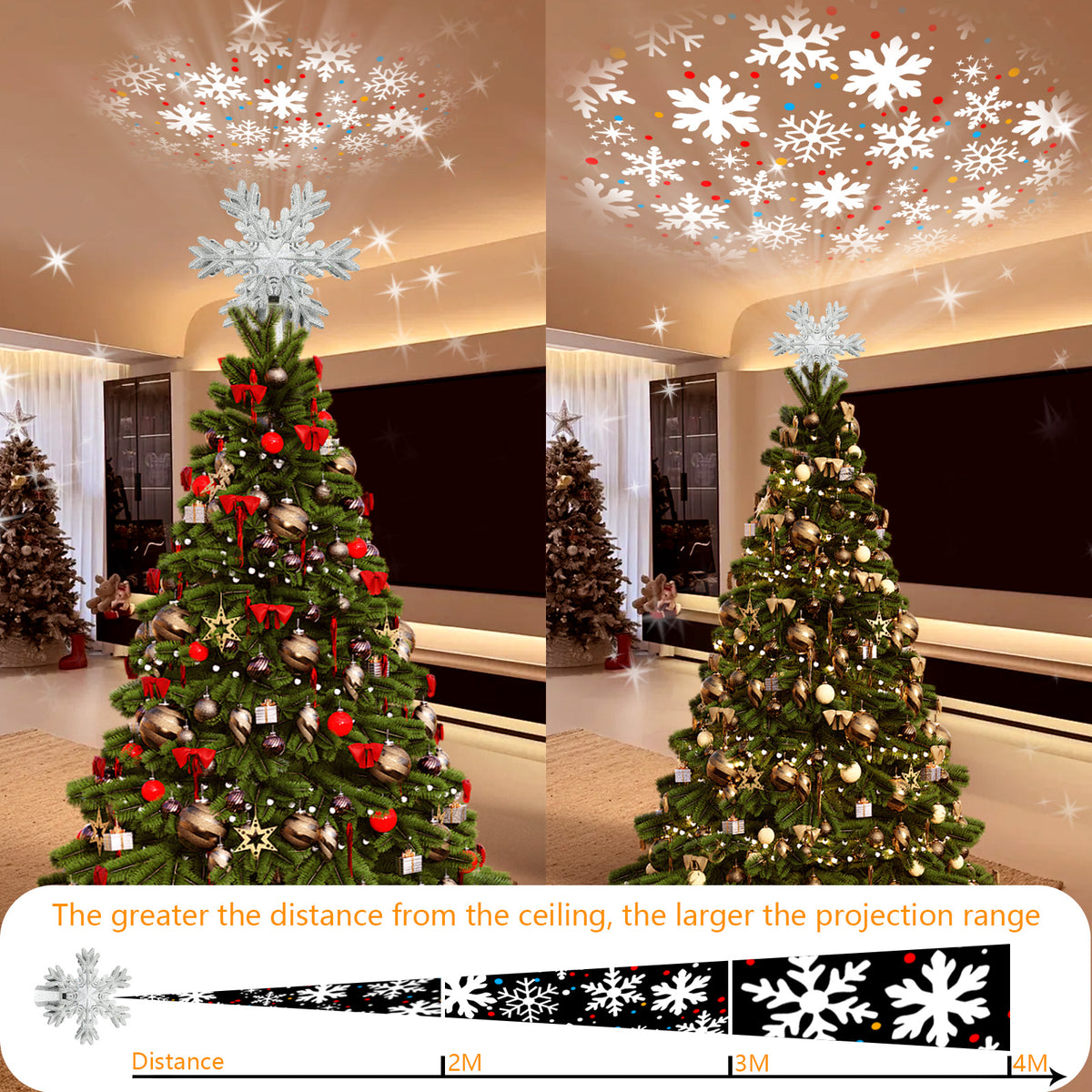 PUCACHI Silver Star Tree Topper with LED Rotating Star Projector Light for Indoor Outdoor Christmas Decoration