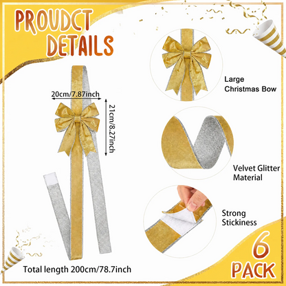 PUCACHI 6 Pcs Christmas Cabinet Door Bows,8x40 Inches Festive Ribbons Large Door Ribbon Party Decorations,for Cabinets Furniture and Kitchen Christmas Party Decorations（Gold）