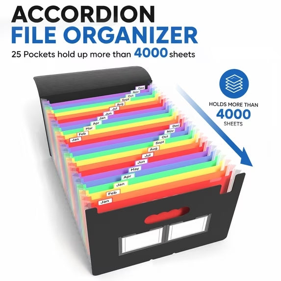 PUCACHI Accordion File Organizer, 25‑Pocket A4 Freestanding Expanding File Folder, Polypropylene Waterproof Acid‑Free Document Storage, Black, 2‑Pack